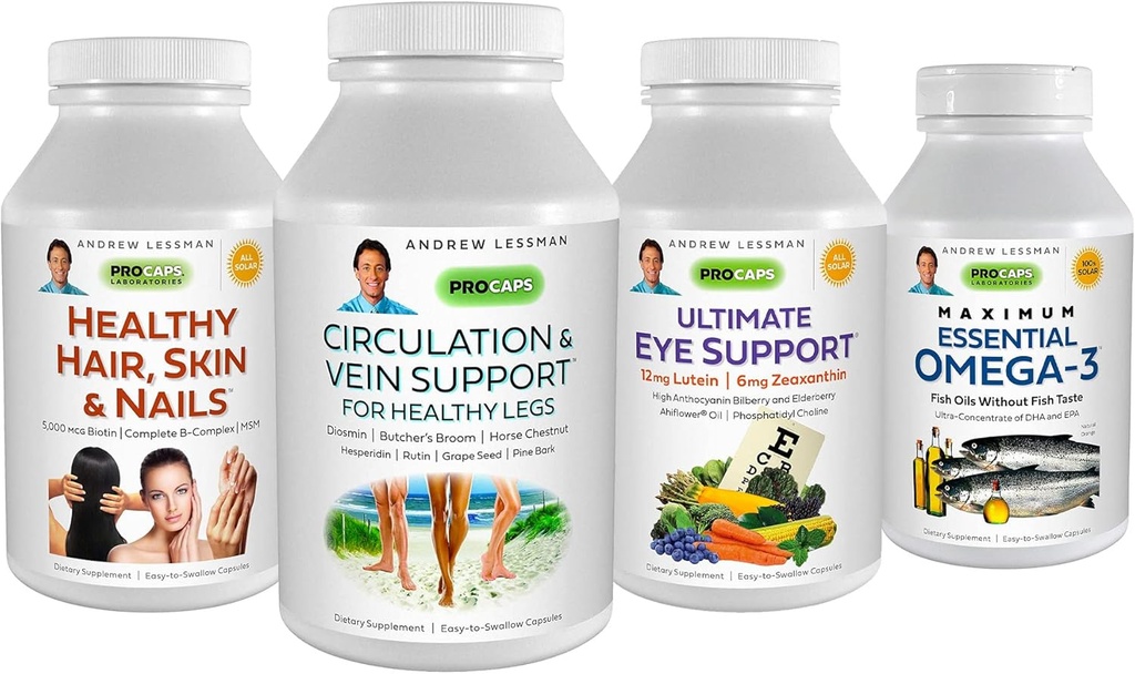 ANDREW LESSMAN 4 Product Customer Favorites Bundle - 30 Count Each of Circulation & Vein Support, Healthy Hair, Skin and Nails, Ultimate Eye Support, and Maximum Essential Omega-3 (Orange)