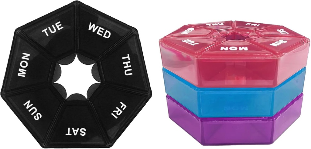 Pill Organizer, 4PCS Pill Box, Medicine Pill Organizer, Travel Pill Organizer, Pill Case, Weekly Pill Organizer, Pill Organizer Travel, Pill Container, Medicine Storage Box, (Black, Blue, Red, Purple)