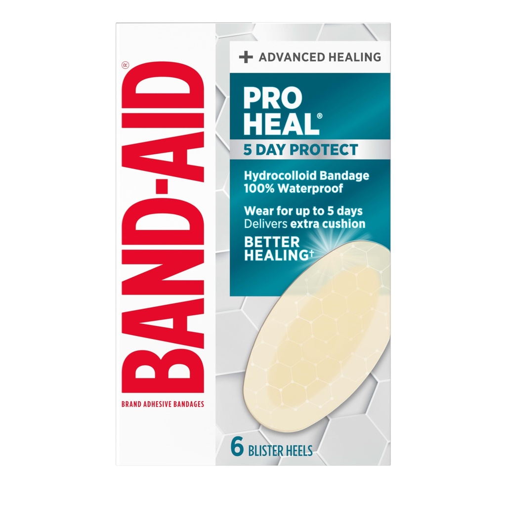 BAND-AID Brand Pro Heal 5 Day Protect Hydrocolloid Blister Bandages, 6 Ct | 100% Waterproof, Advanced Healing for Wound Care, Extra Cushion for Blister Protection, Less Scarring vs. Uncovered Wound