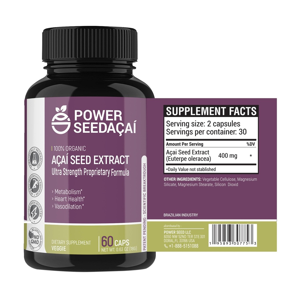 Power Seed Acai - Nitric Oxide Booster. Supports Blood Flow, Blood Sugar Levels, Metabolic Function & Energy. Super Strong Antioxidant. Caffeine-Free. Patented Formula | 60 Capsules