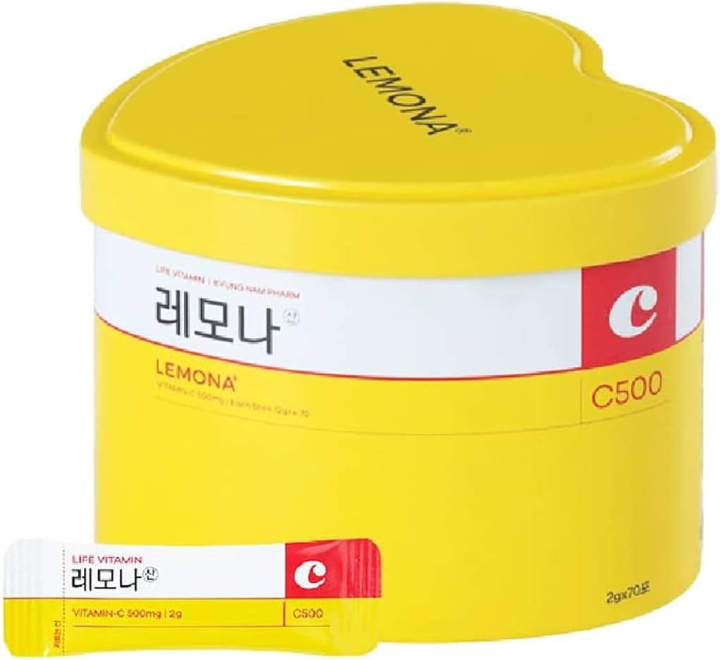 Lemon Water Enhancer Vitamin C 500mg Powder, Yellow Heart Tin Case Lemon Flavored Vitamin Powder - 70 Sticks (2g)