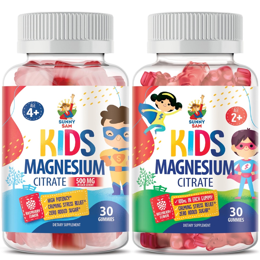 SUNNY SAM Magnesium Gummies for Kids - 100mg and Magnesium Gummies for Kids 500mg. Magnesium Chews - Magnesium Citrate Chewable Supplement for Mood & Muscle Support