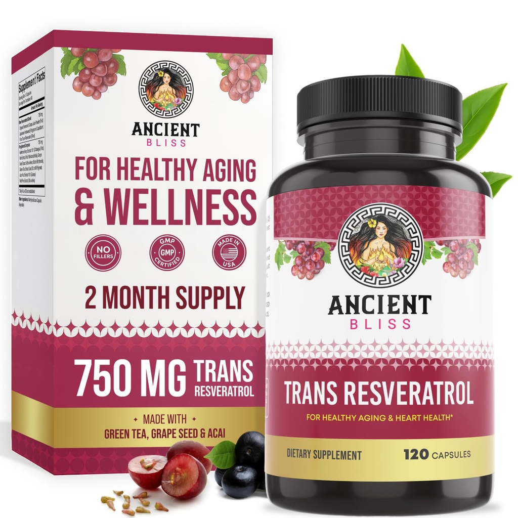 Ancient Bliss Resveratrol Powerful Antioxidant Supplement with Green Tea, Grape Seed Extract for Healthy Aging for Men & Women