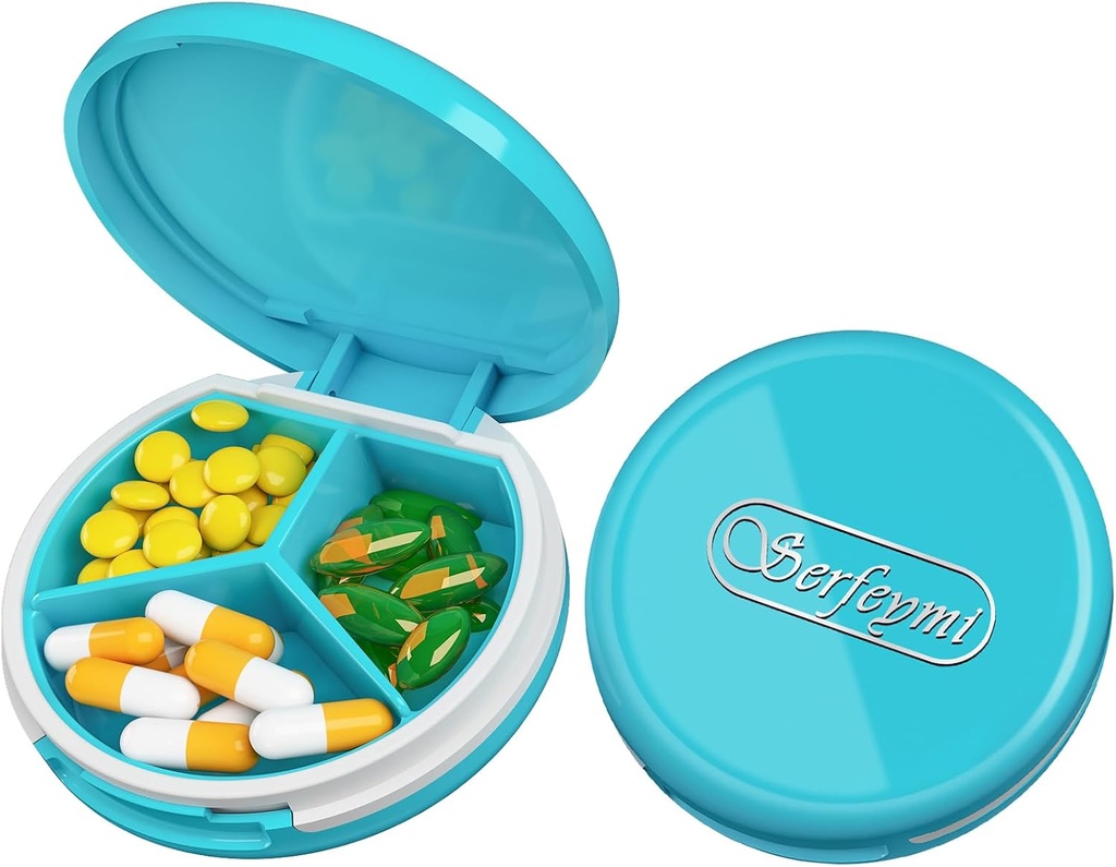 Serfeymi Small Pill Box - 3 Compartments Portable Pill Box for Purse Pocket, Compact Mini Travel Pill Case - Suitable for Medicine, Vitamin, Fish Oil, Supplements - Light Blue(Logo)