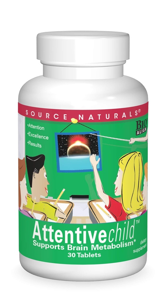 Source Naturals Attentive Child - Healthy Cognitive Nutrients for Active Children - Improved Focus & Attention with DMAE, Magnesium, Zinc & Grape Seed Extract - 30 Tablets