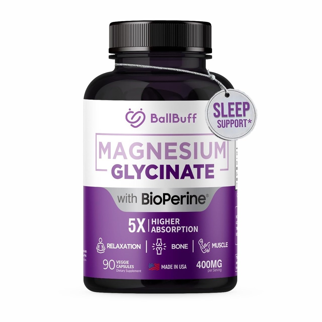 Pure Magnesium Glycinate 400mg - 5X Higher Absorption - Support Stress Relief, Sleep, Bone Health - 100% Chelated - Pure Magnesium Supplement for Women and Men- 90 Veggie Capsules
