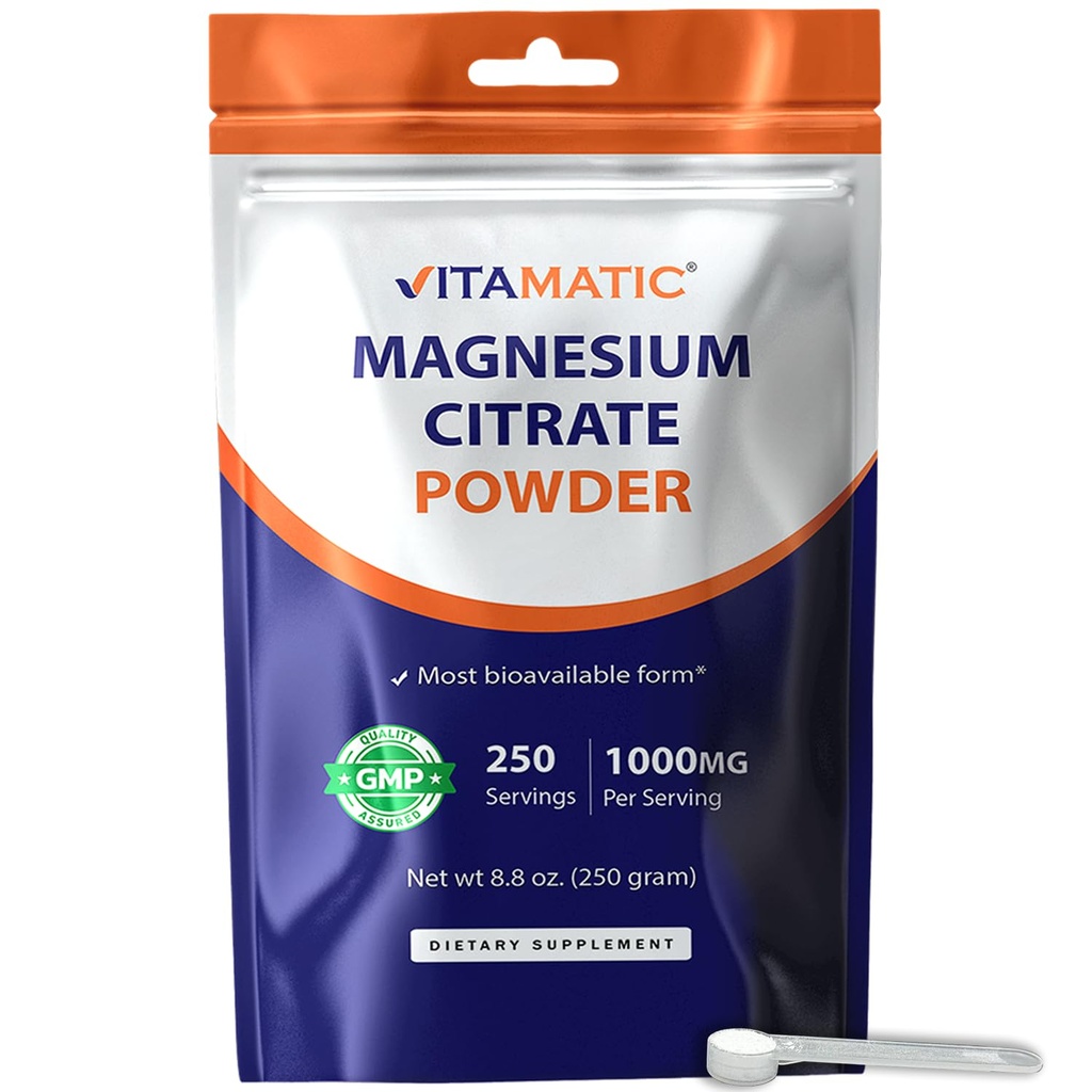 Vitamatic Magnesium Citrate 1000mg per Serving Supports Muscle, Joint, and Heart Health 250 Grams - 250 Servings