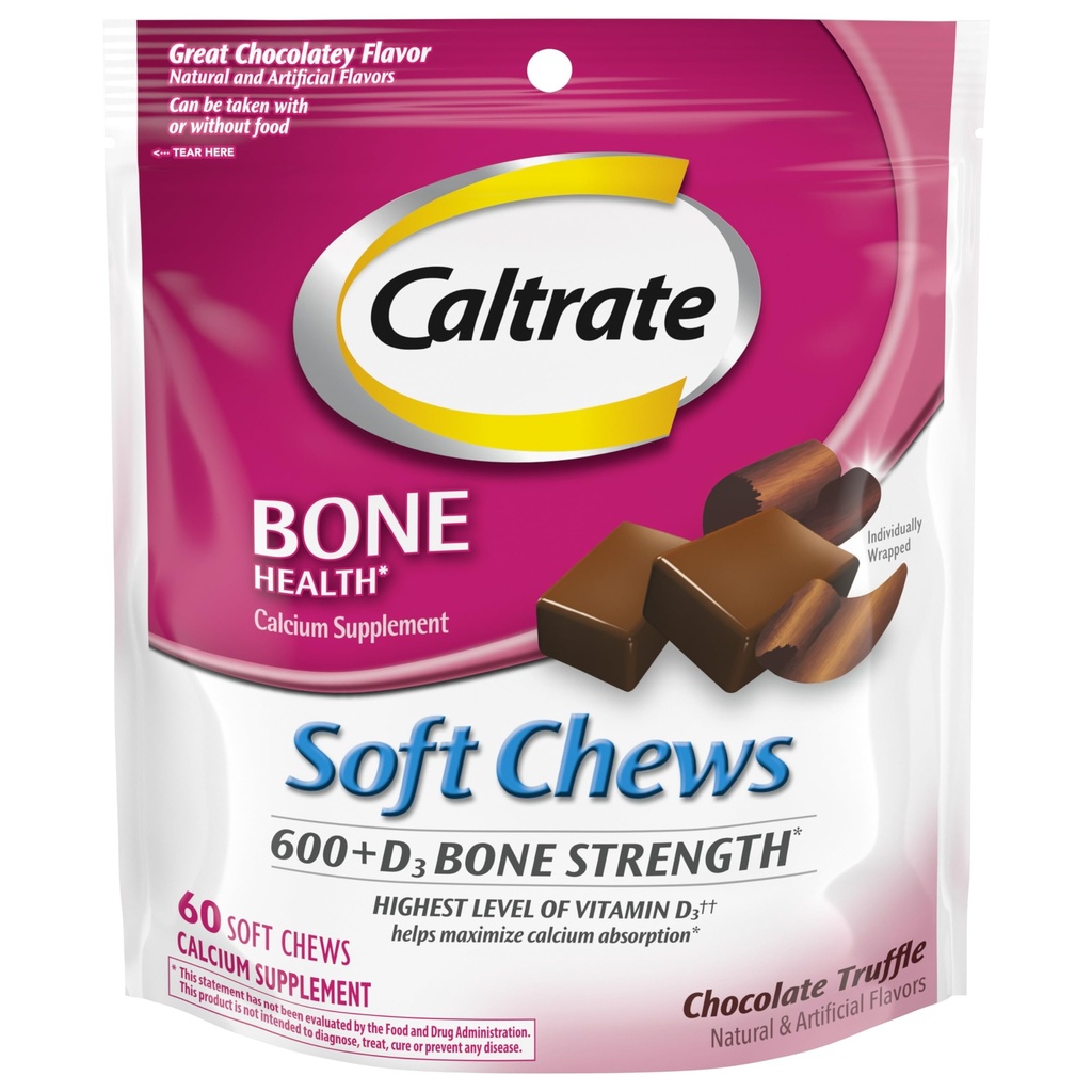 Caltrate Soft Chews 600 Plus D3 Calcium Vitamin D Supplement, Chocolate Truffle - 60 Count(Packaging May Vary)