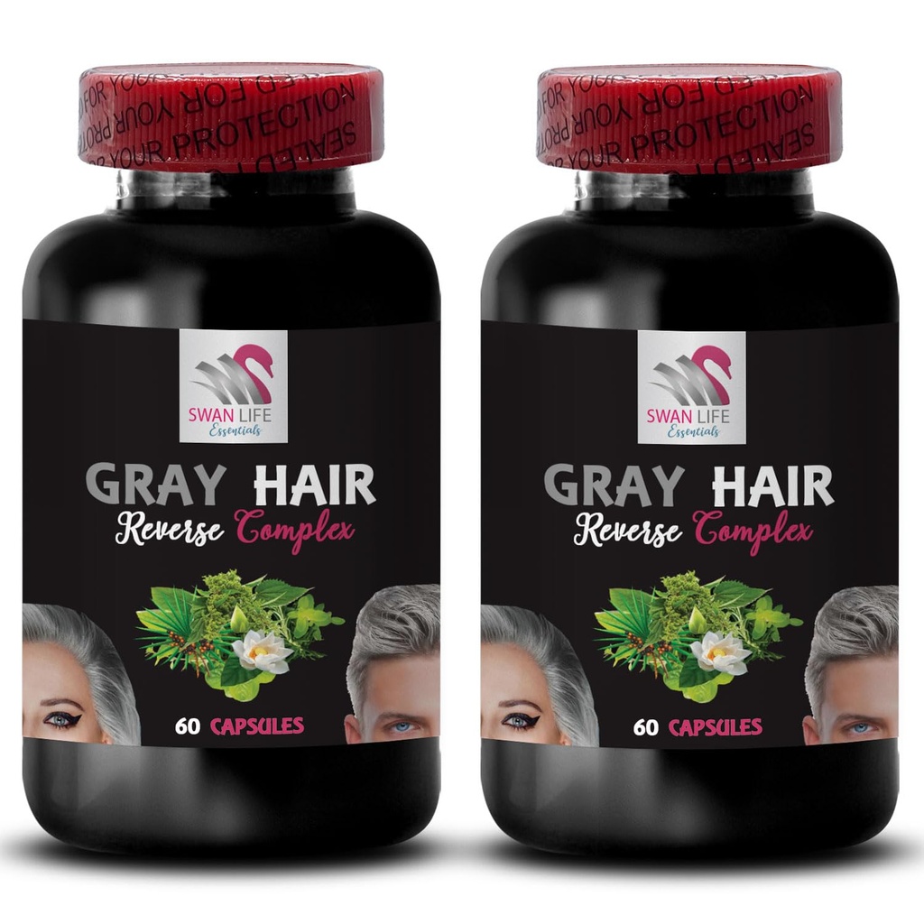 Hair restoration - GRAY HAIR REVERSE - Hair brilliance, Restore vibrancy, Hair care solution, Renew hair color, Color restoration, Hair tone, Age-defying hair, Vibrant hair color 2 Bottles 120 Caps