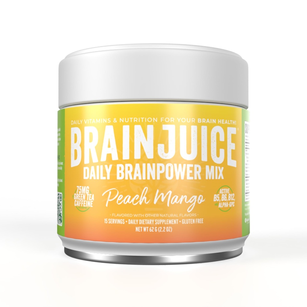 BrainJuice Nootropics Brain Support Supplement, Gluten Free Powder for Energy and Focus, Drink Mix with L Theanine, Alpha GPC, Vitamin B, Organic Green Tea Extract (Peach Mango)