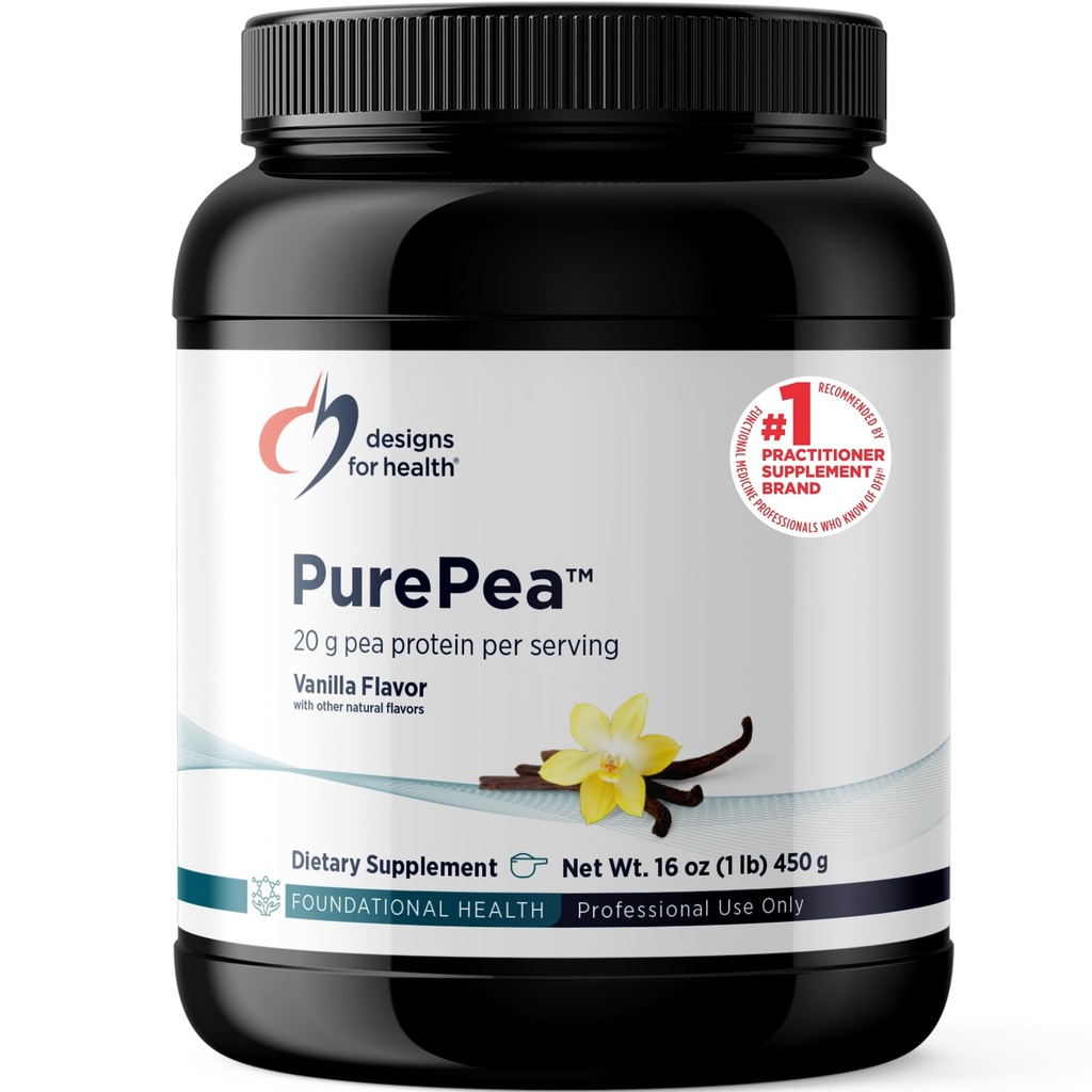 Designs for Health PurePea - 20g Vegan Pea Protein, Non-GMO Natural Drink Mix Powder Supplement, Vanilla (15 Servings / 450g)