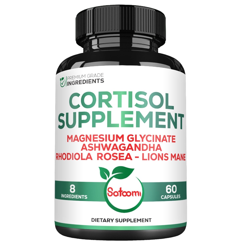 Satoomi 8in1 Cortisol Manager with Magnesium Glycinate, Ashwagandha, Rhodiola Rosea, Lions Mane & More - Cortisol Reducer Supplement Men & Women - 60 Capsules