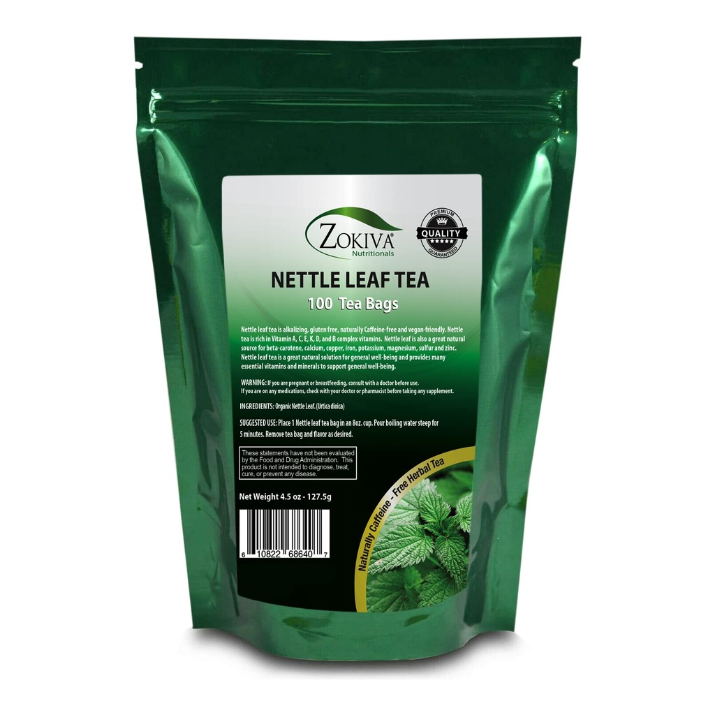 Zokiva Nutritionals - Nettle Leaf Tea Bags Mega Pack - 100 Premium Quality Convenient Organic Herbal Tea Bags - Caffeine-free and Vegan-friendly In a Resealable Stand Up Zip Lock Pouch