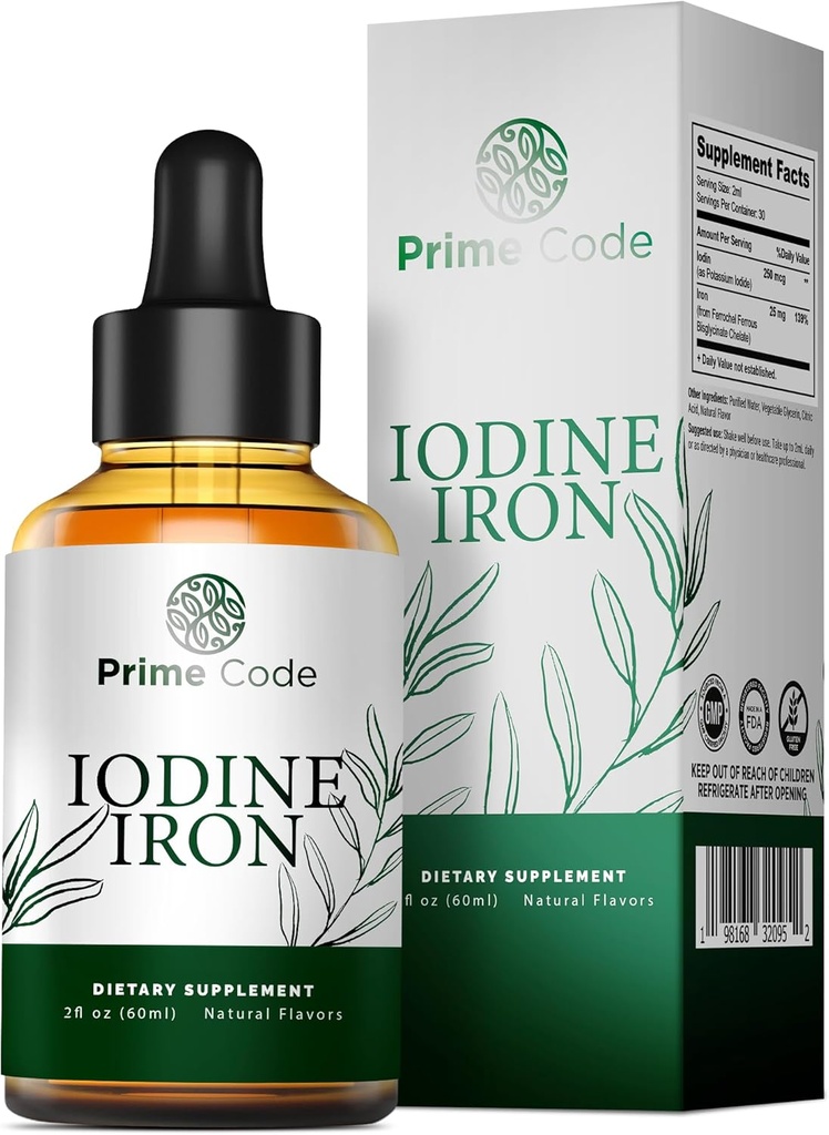 Prime Code [ 2 𝐢𝐧 𝟏] Iodine Liquid Supplement with Iron - Iodine Supplement Drops for Thyroid 250mcg - Supports Thyroid Health Skin Health - Organic, Vegan, Non-GMO, Alcohol and Gluten-Free