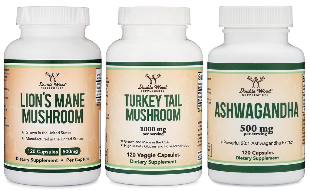Double Wood Supplements Lion's Mane Mushroom 120 Count, Turkey Tail 120 Count, Ashwagandha 120 Count