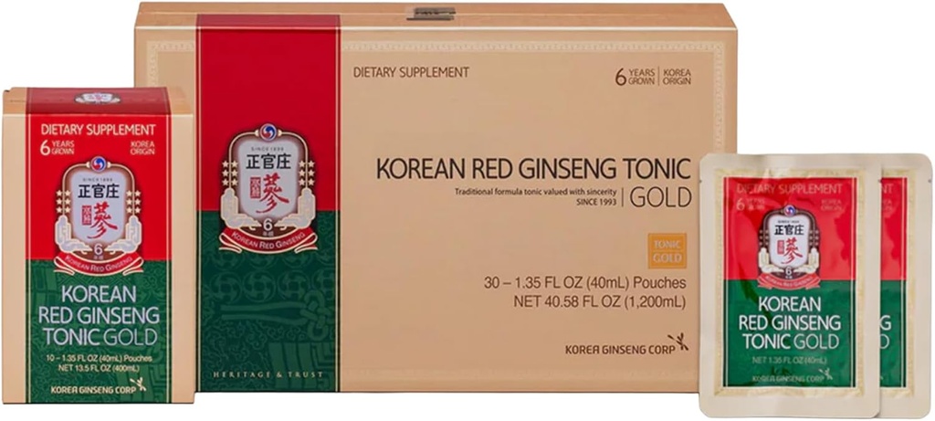 Korean Red Ginseng Tonic Gold Asian Panax Ginseng Extract Tonic- 30 Drink Pouches