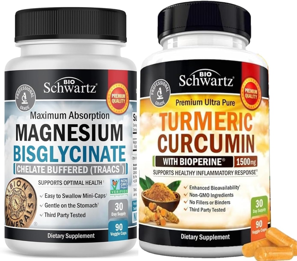 Turmeric Curcumin with Black Pepper Extract 1500mg Complex (1 Month Supply) Plus High Absorption Magnesium Bisglycinate Capsules (1 Month Supply)