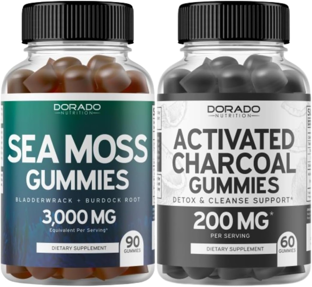 Irish Sea Moss (90 Gummies) Raw Seamoss for Thyroid, Energy & Immune Support and Activated Charcoal (60 Gummies) Healthy Detox & Cleanse Support - Formulated from Organic Coconut Shells - Made in USA
