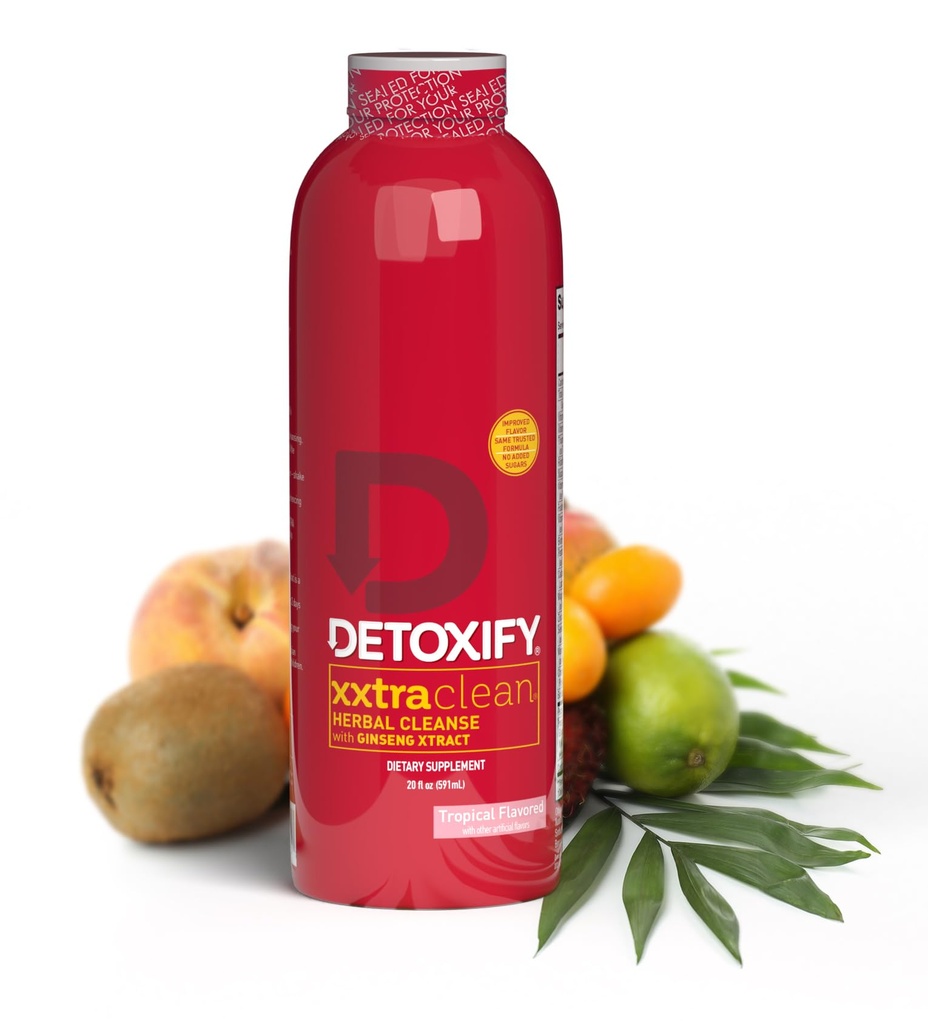 Detoxify – Xxtra Clean Herbal – Tropical Fruit Flavor - 20 oz – Professionally Formulated Extra Strength Herbal Detox Drink – Enhanced with Ginseng Extract & Milk Thistle Extract - Plus Sticker