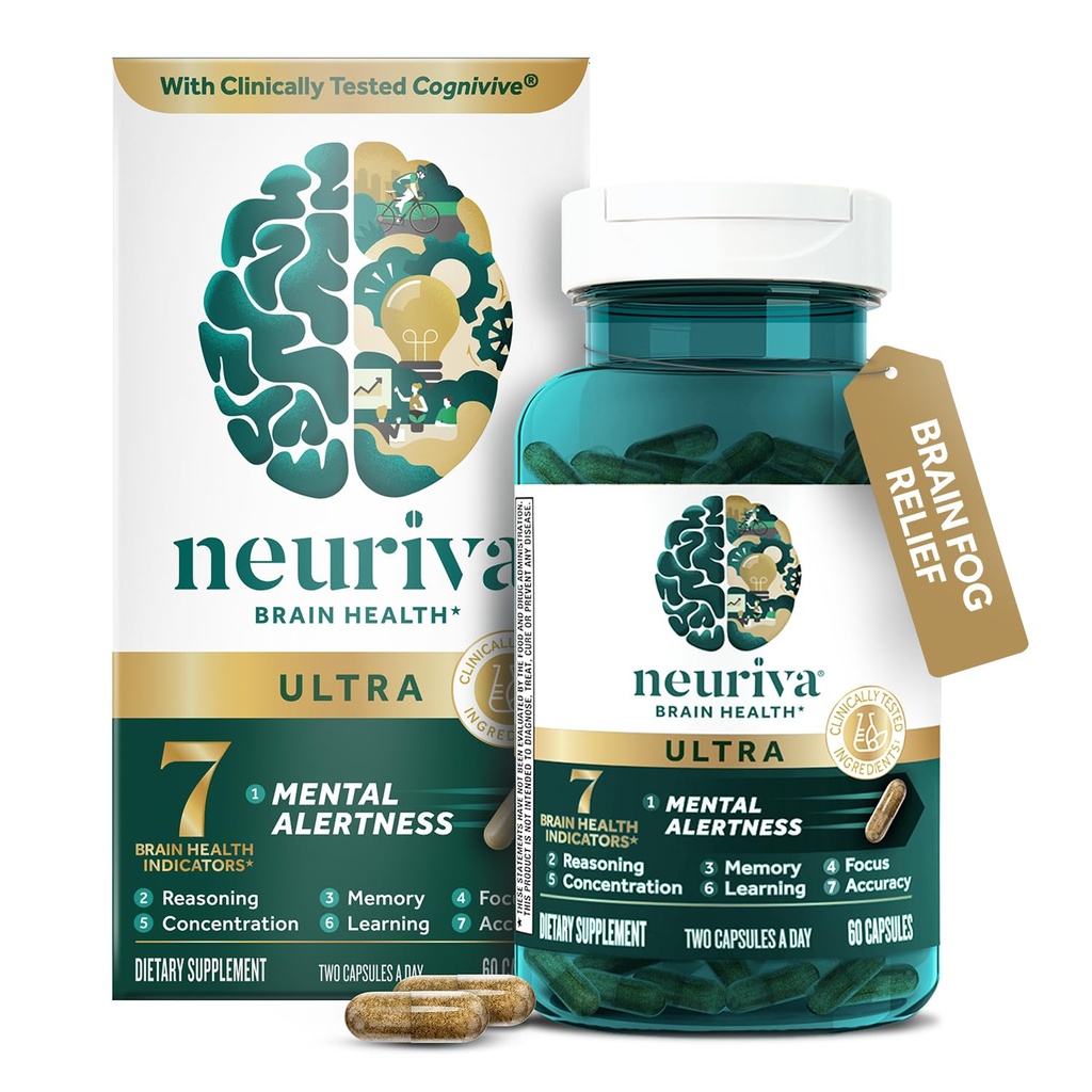 NEURIVA Ultra Brain Supplements for Memory and Focus, Phosphatidylserine, Cognivive, Neurofactor, Folic Acid, Vitamin B12 & Vitamin B6, 60 Count Capsules