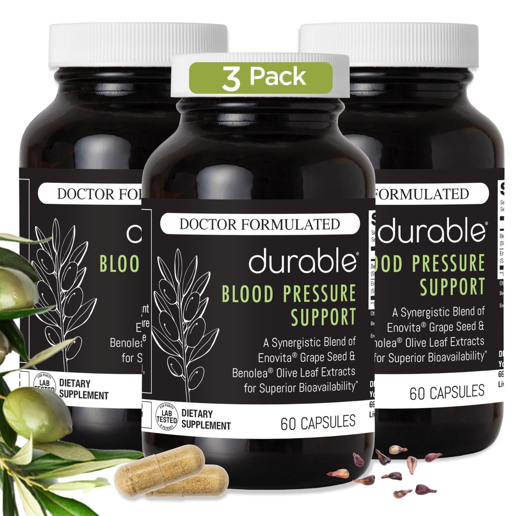 Durable Blood Pressure - Benolea Olive Leaf & Enovita Grape Seed Extract, Two-in-One Formula, Boosts Nitric Oxide, Supports Vascular Health, Made in USA, Doctor-Formulated (60 Count (Pack of 3))