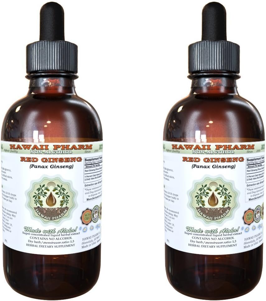 Red Ginseng Alcohol-Free Liquid Extract, Organic Red Ginseng (Panax Ginseng) Dried Root Glycerite Natural Herbal Supplement, Hawaii Pharm, USA 2x4 fl.oz