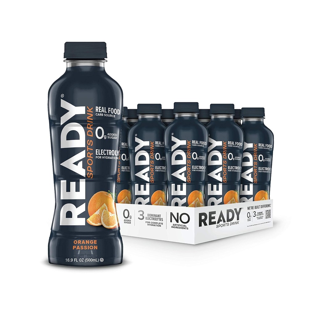 Ready® Sports Drink – Electrolyte Hydration with Super Fruit Carbs, B Vitamins & No Added Sugar – Clean Energy for Athletes & Endurance – Gluten-Free, Vegan, Kosher – Orange Passion (12-Pack)