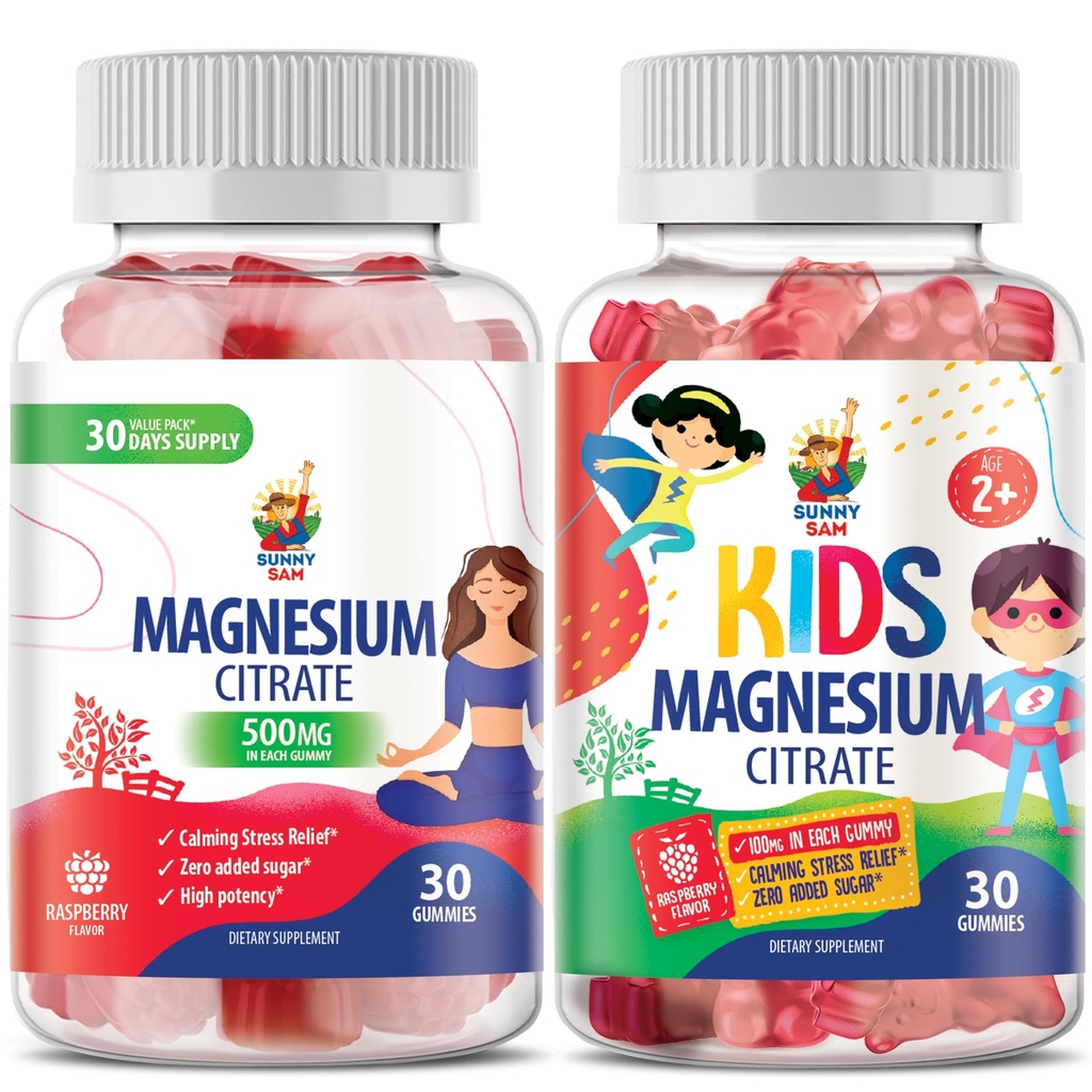 SUNNY SAM Magnesium Gummies for Kids 100mg and Magnesium Gummies for Adults - 500mg. Calm Magnesium Chews - Magnesium Citrate Chewable Supplement for Mood & Muscle Support