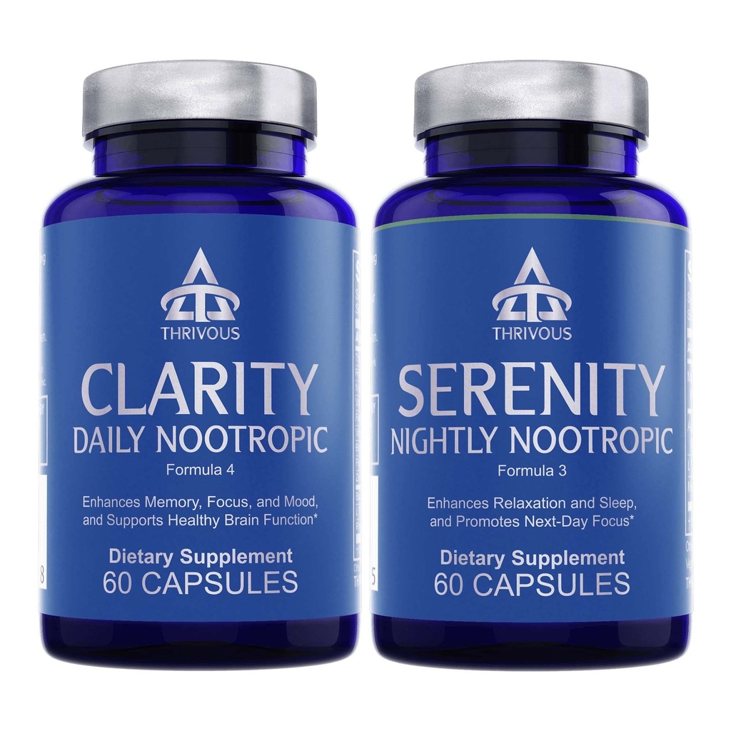 Thrivous Clarity & Serenity Stack – Day + Night Nootropic Bundle for Focus, Mood, Relaxation & Sleep Support – 120 Vegan Capsules