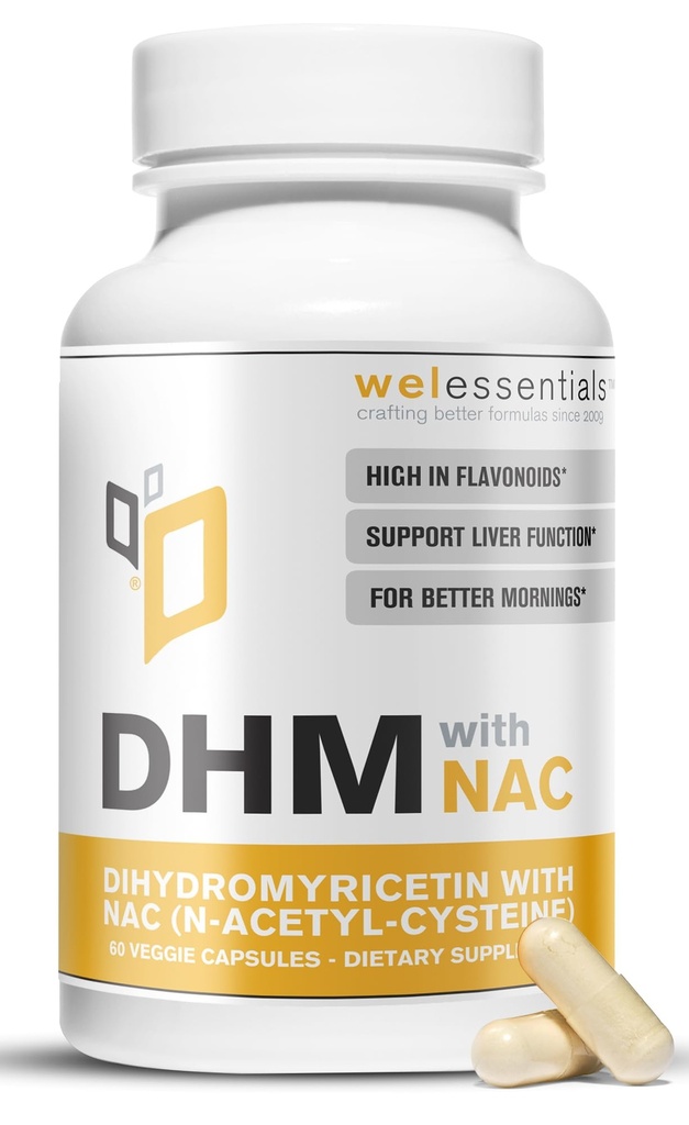 DHM with NAC - 650mg x 60 Capsules - 300mg N-Acetyl-Cysteine, 350mg Dihydromyricetin - Max Strength Dietary Supplement for Liver Support, Hydration