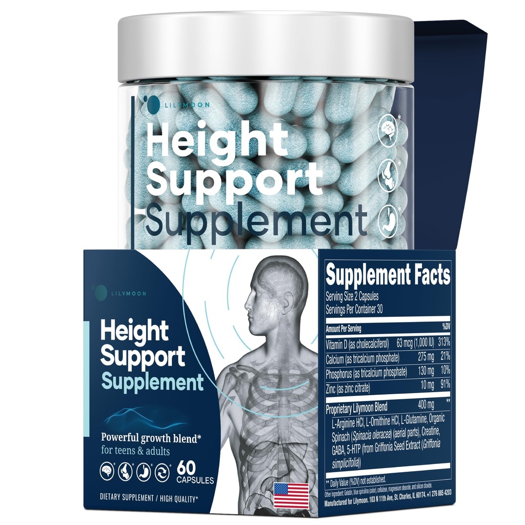 Height & Bone Support Supplement - Premium Height Growth Supplement for Kids & Teens with Calcium - Nutritional Support Bone Health Formula - Height Increase Essential Vitamins - 60 Caps