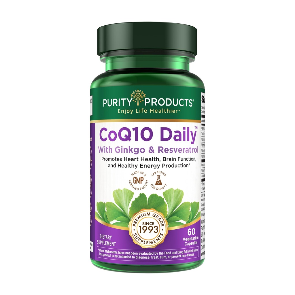 Purity Products CoQ10 Daily Super Boost with Ginkgo and Resveratrol from Supports Healthy Energy Levels and Healthy Brain Function - 60 Vegetarian Capsules