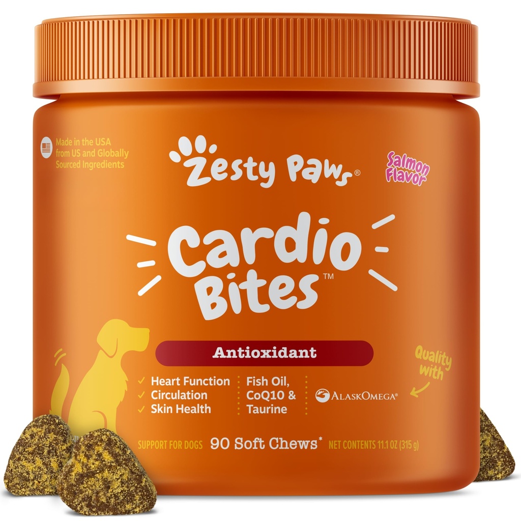 Zesty Paws Cardiovascular Support for Dogs - Taurine for Dogs - with CoQ10, L Carnitine & Sea Buckthorn - Senior Heart Health - AlaskOmega Fish Oil Omega 3 - Senior - Salmon - 90 Count