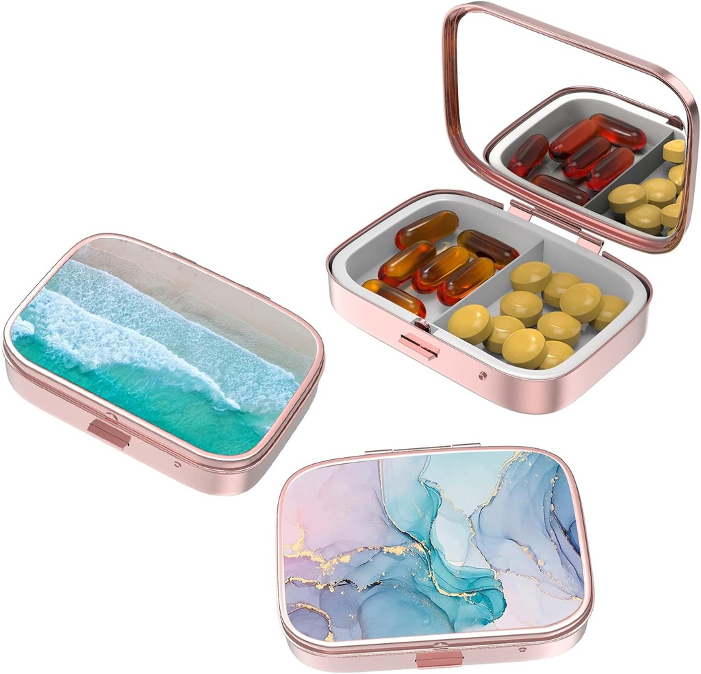 Small Pill Box,Pill Case for Purse&Pocket,3 Compartments Travel Pill Case Medication Organizer Storage for Vitamins, Pills, Fish Oil and Earrings, Studs,Rose Gold-Beach Color Rendering