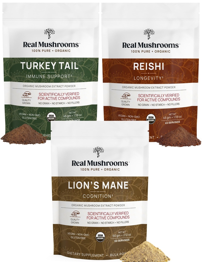 Lion’s Mane Extract Powder (60g) | Reishi 415 Extract Powder (45g) | Turkey Tail Extract Powder (45g) | Organic Mushroom, Non-GMO, Vegan