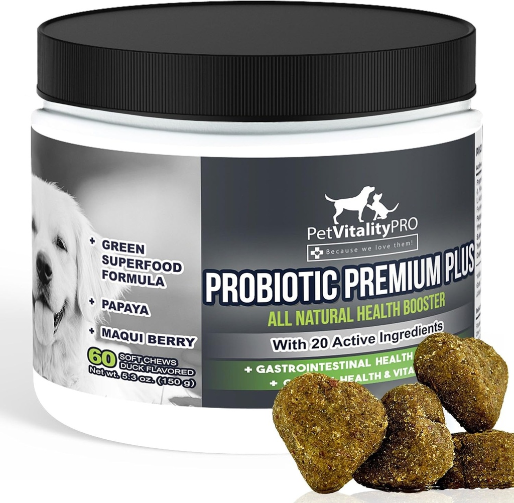 Probiotics for Dogs with Natural Digestive Enzymes ● 4 Bill CFUs/2 Soft Chews ● Dog Diarrhea Upset Stomach Yeast Gas Bad Breath Immunity Allergies Skin Itching Hot Spots ● 60 Count