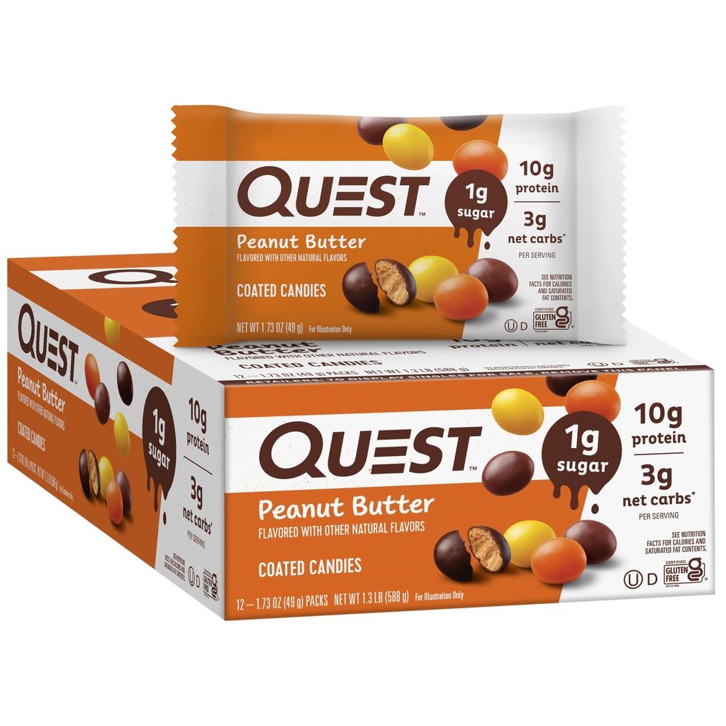 Quest Nutrition Coated Candies, Peanut Butter Bar, 1g Sugar, 10g Protein, 4g Net Carbs, Gluten Free, Keto Friendly, 12 Count