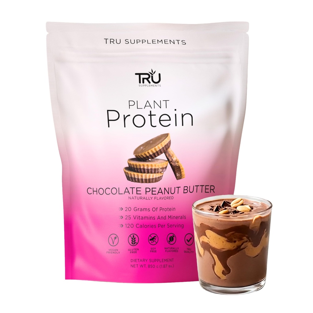 TRU Supplements Plant Based Protein Powder, BCAA, EAA, 20g Vegan Brown Rice & Pea Protein, 100 Calories, 27 Vitamins, No Artificial Flavors 25 Servings (Chocolate Peanut Butter)