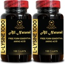 L-LYSINE 1000 mg Free Form Amino Acid Essential - Healthy Tissue Support, L-Lysine 1000 mg, Dietary Supplement, Amino Acid for Protein Synthesis, Free Form Amino Acid - 2 Bottles 200 Counts