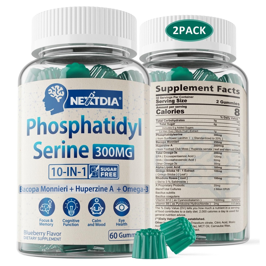 Phosphatidylserine - Nootropic Brian Supplement, Focus & Energy Gummies+ Bacopa Monnieri, Omega 3, Huperzine A, Methyl B12 & B6 for Seniors, Gamers, Workers, Non-GMO, Caffeine-Free, Sugar Free, 2 Pack