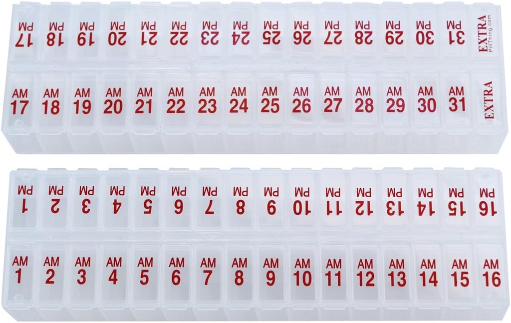 Twice-a-Day Monthly Large Pill Organizer Set - AM and PM Medication Organizer for the Entire Month. Set Contains 2 Organizers for 1 Month. (New STAY-TIGHT Lids)