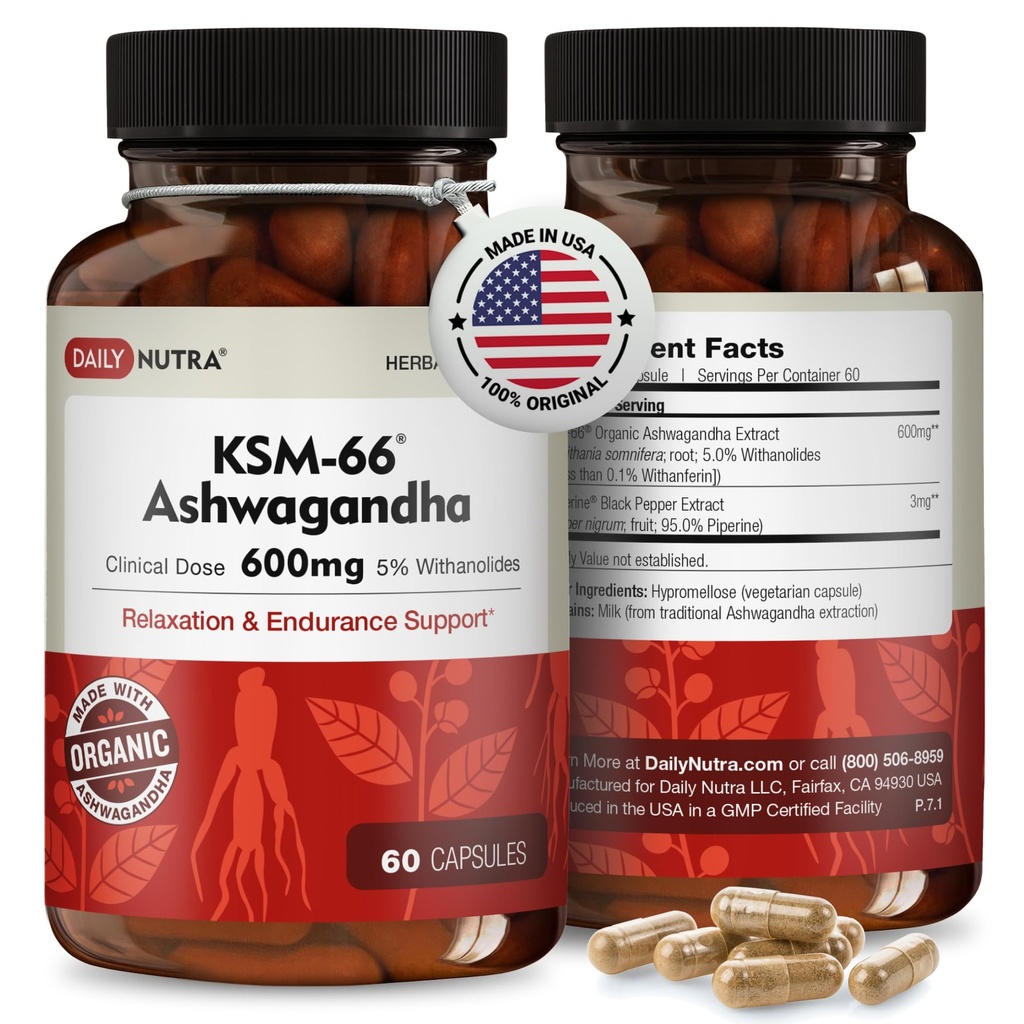 DailyNutra KSM-66 Ashwagandha 600mg Organic Root Extract - High Potency Supplement with 5% Withanolides | Relieves Tiredness, Supports Relaxation, Focus, Energy, & Muscle Growth (60 Capsules)