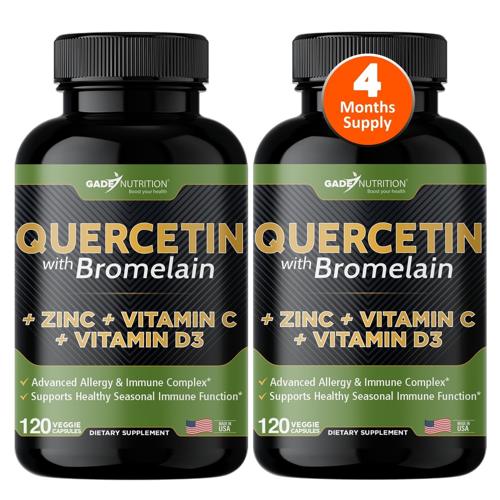 Gade Nutrition Quercetin with Bromelain Vitamin C and Zinc Vitamin D | Immune Support Supplement in Capsules | Non-GMO, Gluten-Free, Vegan | Made in USA | 4 Month Supply