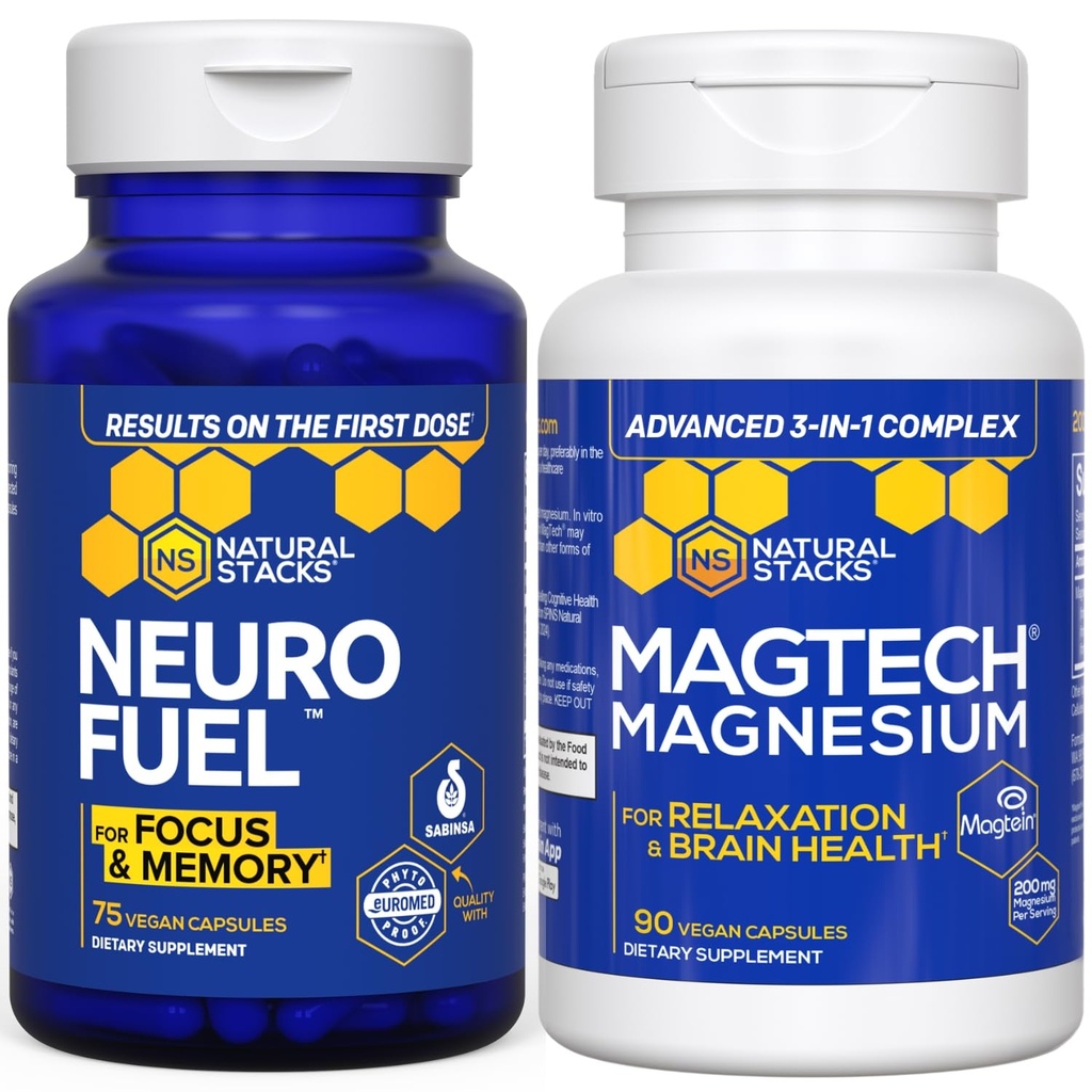 NATURAL STACKS MagTech Magnesium + NeuroFuel Nootropic Bundle - Supports Relaxation, Focus & Brain Health* - 165 Total Capsules
