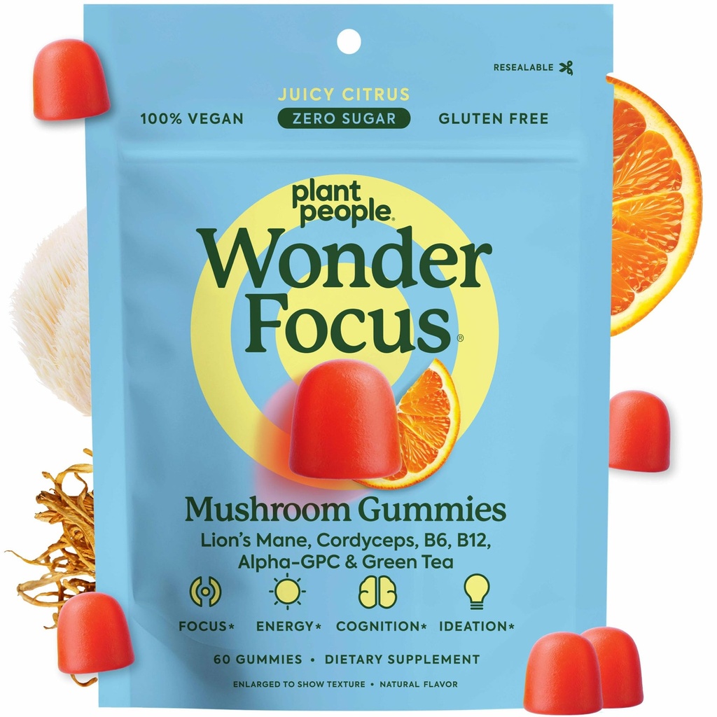 Plant People WonderFocus Mushroom Gummies with Lion’s Mane & Cordyceps - Nootropic Brain Supplement Boosts Memory, Focus, Energy & Mood in Adults | No Sugar, 100% Vegan, Citrus Flavor, 60 Count