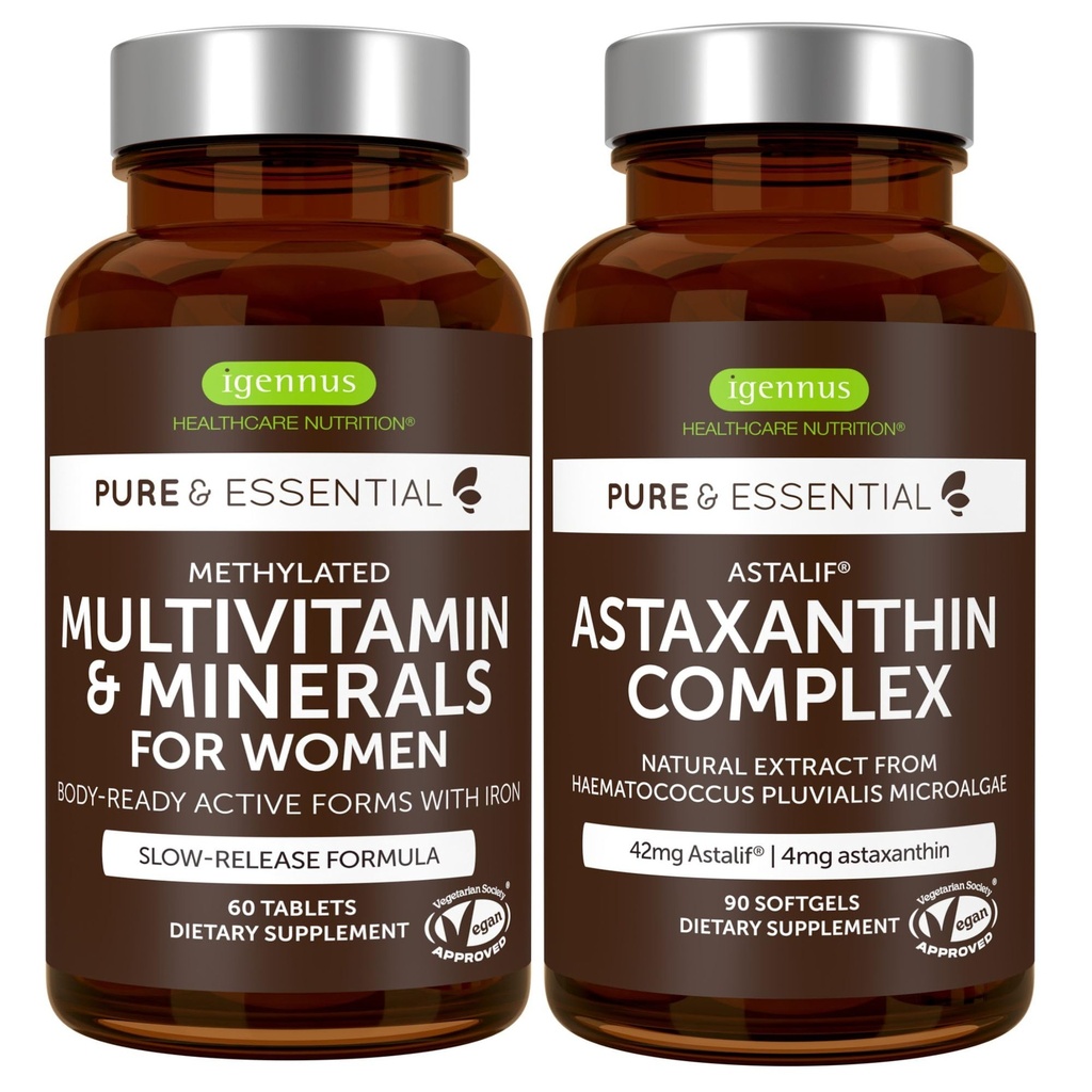 Multivitamin & Minerals for Women + Astaxanthin Complex Vegan Bundle, Sustained Release Advanced Multivitamin with Iron + Natural 4 mg H. Pluvialis Astaxanthin, by Igennus