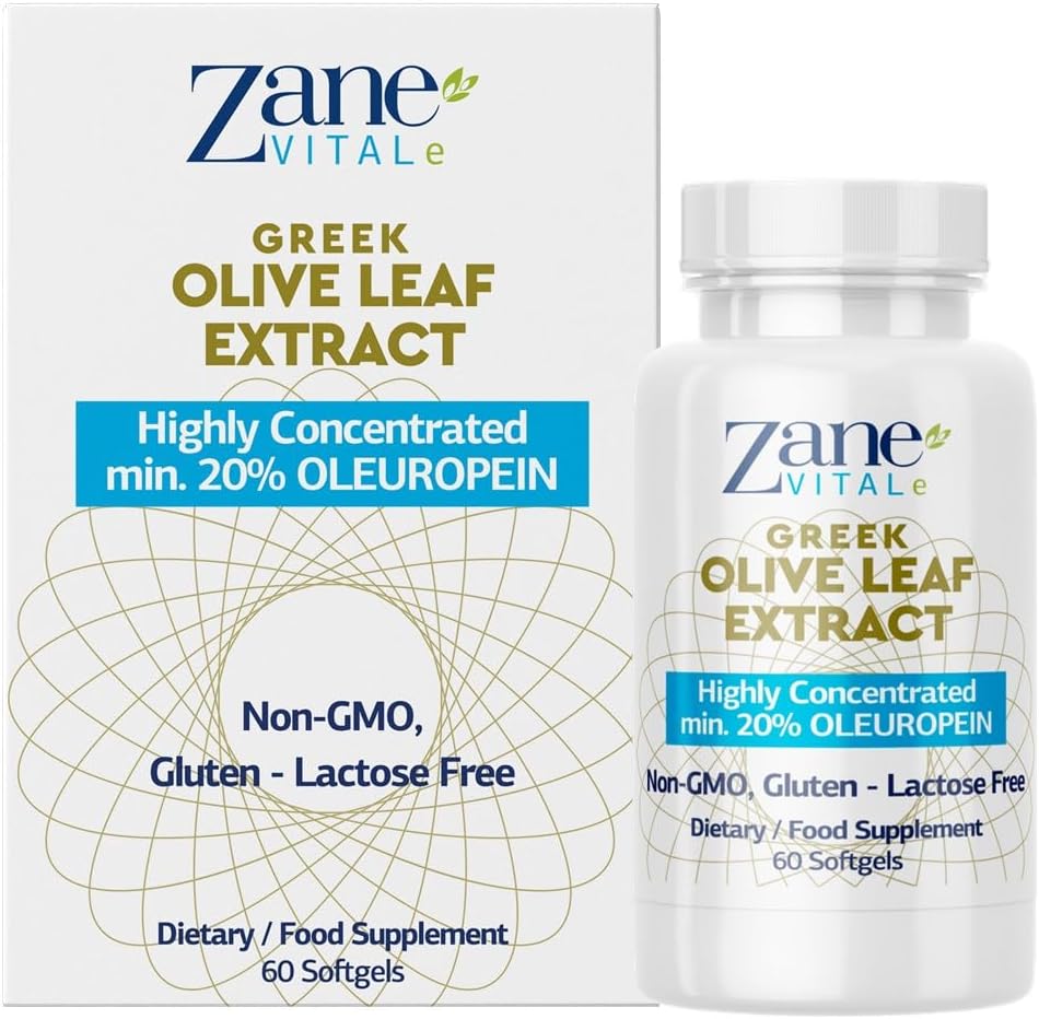 Zane Greek Olive Leaf Extract - min. 20% Oleuropein - Provides Immune and Healthy Blood Pressure Support, Promotes Cardiovascular System Health - 60 Capsules Non-GMO, Gluten - Lactose – Paraben Free