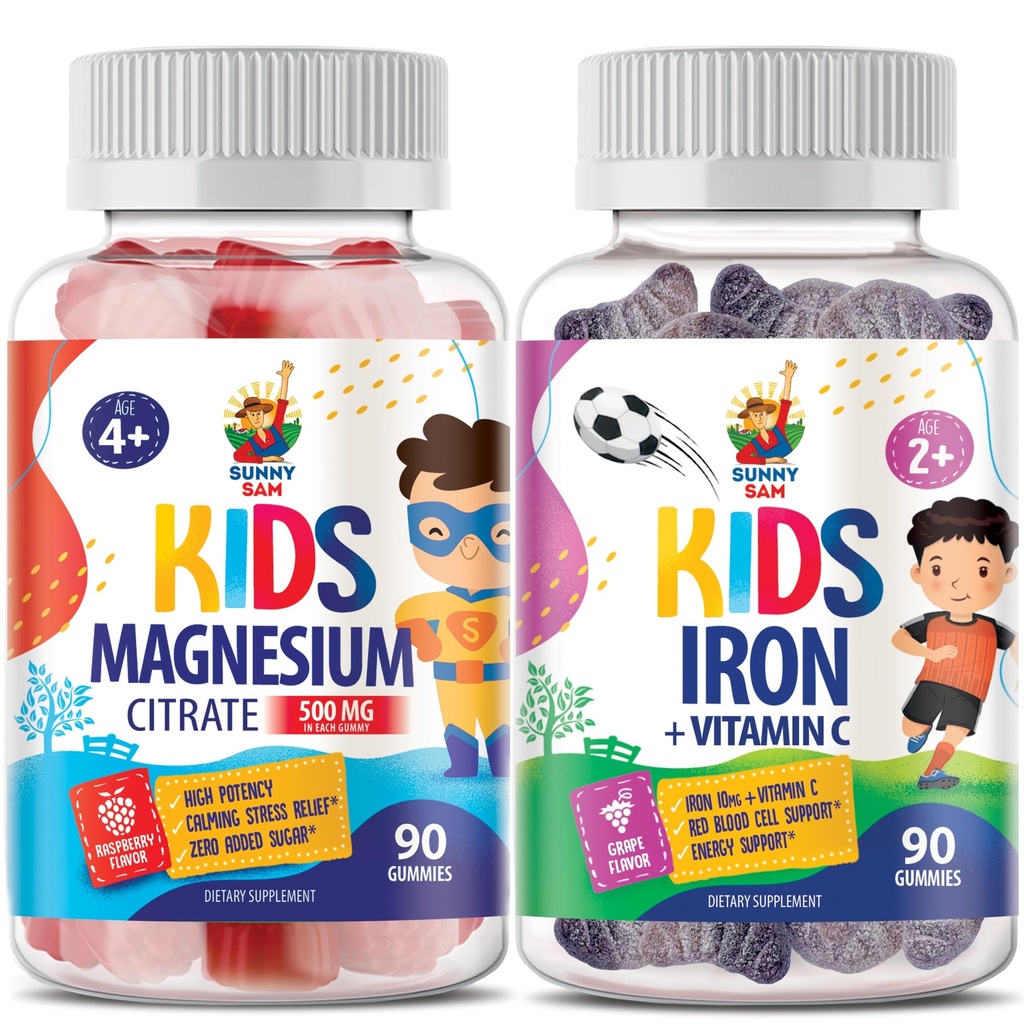 SUNNY SAM Iron Gummies for Kids & Magnesium Gummies for Kids & Adults - 500mg - Calm Magnesium Chews - Magnesium Citrate Chewable Supplement for Mood & Muscle Support