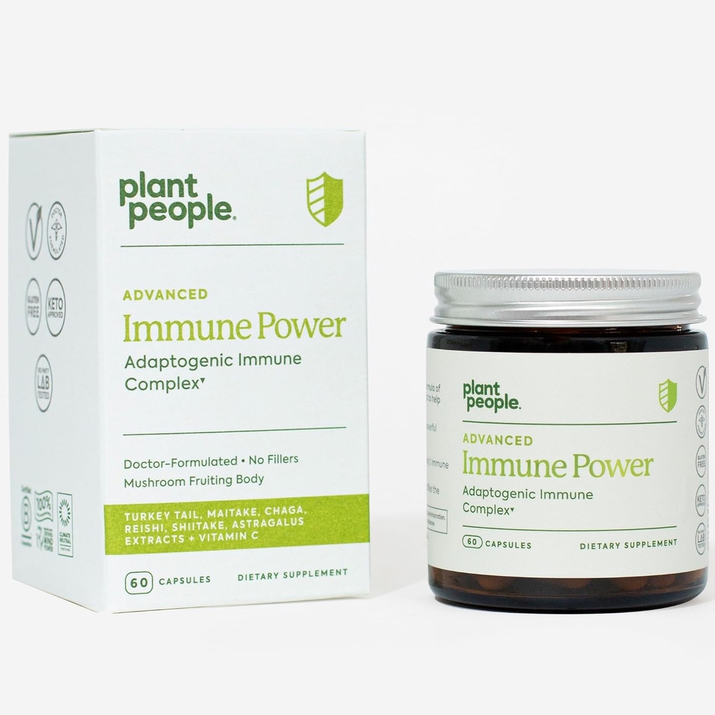 Plant People - Immune Power | Advanced Immune Support with Mushrooms, Astragalus, Herbal, and Vitamin C | Natural, USDA Organic, Vegan, Non-GMO, Gluten Free, Vitamins and Supplements | 60 Capsules