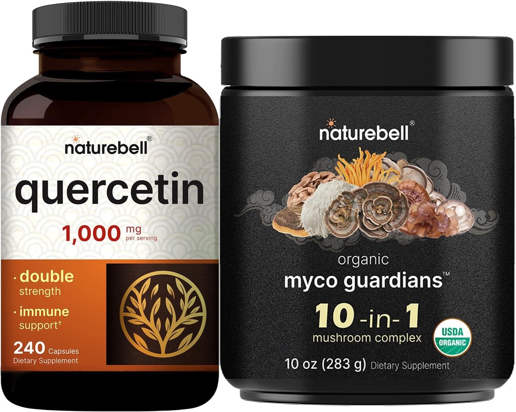 NatureBell Quercetin 1000mg Per Serving & 10 in 1 Mushroom Powder, 10oz Bundle Pack | Ultra Strength Quercetin Supplement | Immune Booster & Brain Health Support